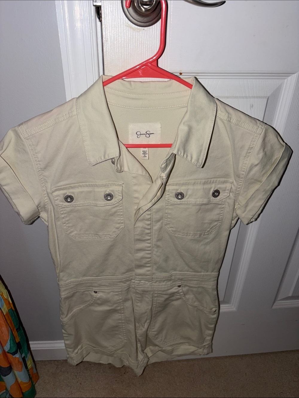 Jessica Simpson Cream Short-Sleeve Utility Button-Down Romper
